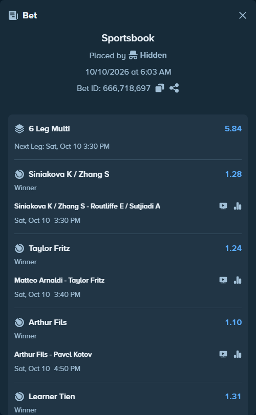 Bet slip: Elmer Moller - Vilius Gaubas, $10,000.00 stake at 1.69 odds, placed by Hidden