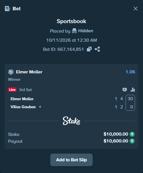 Bet slip: Elmer Moller - Vilius Gaubas, $10,010.00 stake at 1.06 odds, placed by Hidden