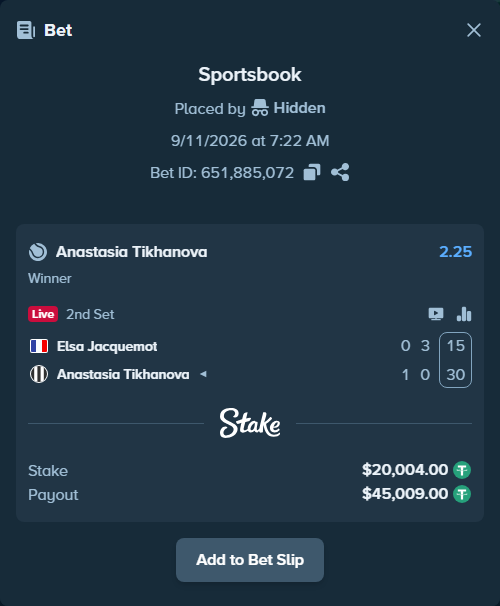 Bet slip: Elsa Jacquemot - Anastasia Tikhanova, $20,000.00 stake at 2.25 odds, placed by Hidden