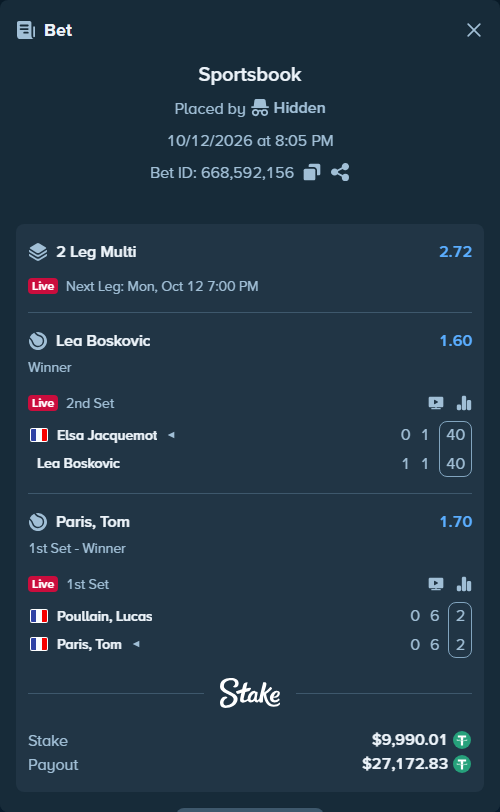 Bet slip: Elsa Jacquemot - Lea Boskovic, $10,000.00 stake at 1.60 odds, placed by Hidden