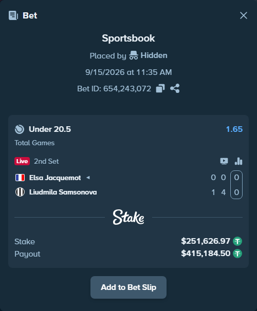 Bet slip: Elsa Jacquemot - Liudmila Samsonova, $251,626.97 stake at 1.65 odds, placed by Hidden