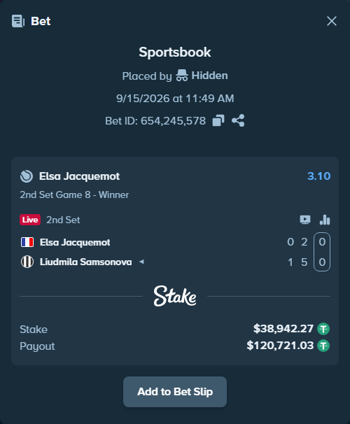 Bet slip: Elsa Jacquemot - Liudmila Samsonova, $38,942.27 stake at 3.10 odds, placed by Hidden