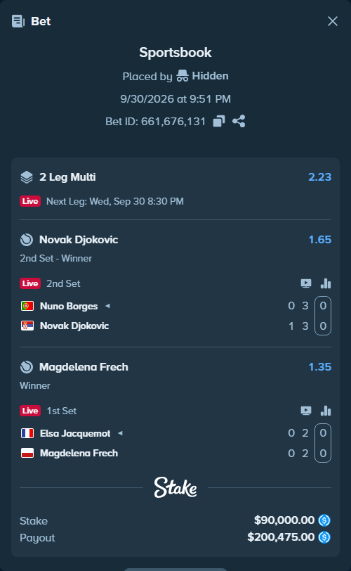 Bet slip: Elsa Jacquemot - Magdelena Frech, $90,000.00 stake at 1.35 odds, placed by Hidden