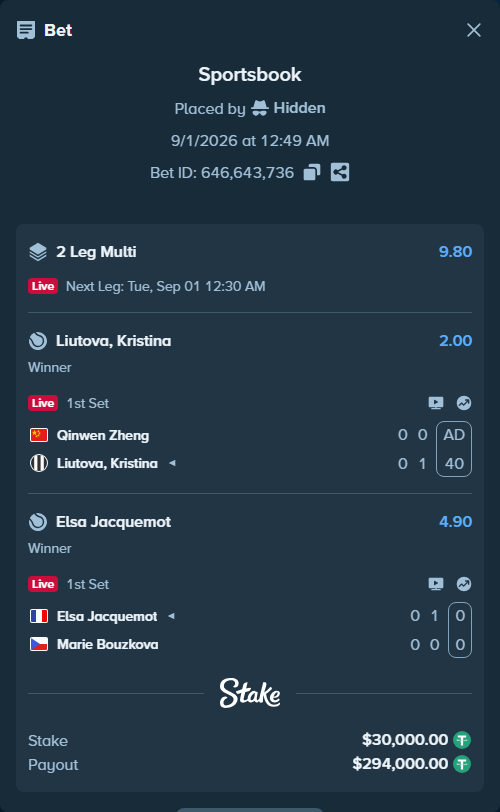 Bet slip: Elsa Jacquemot - Marie Bouzkova, $30,000.00 stake at 4.90 odds, placed by Hidden