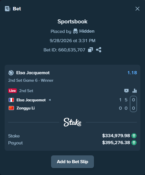 Bet slip: Elsa Jacquemot - Zongyu Li, $334,913.00 stake at 1.18 odds, placed by Hidden