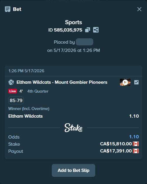 Bet slip: Eltham Wildcats - Mount Gambier Pioneers, $11,699.40 stake at 1.10 odds, placed by Bucky737