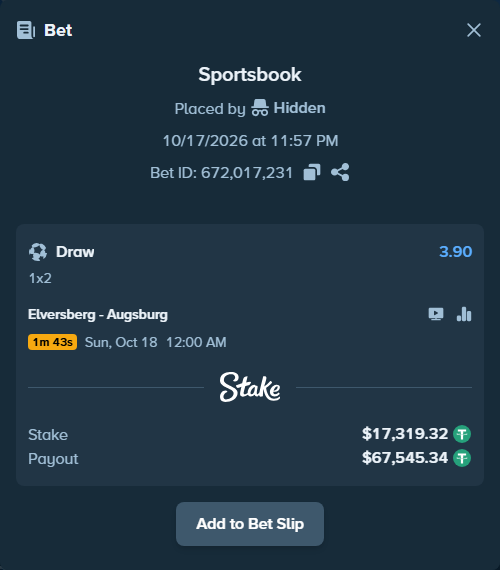 Bet slip: Elversberg - Augsburg, $17,336.64 stake at 3.90 odds, placed by Hidden