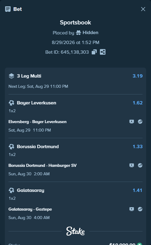 Bet slip: Elversberg - Bayer Leverkusen, $10,000.00 stake at 1.62 odds, placed by Hidden