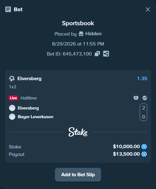 Bet slip: Elversberg - Bayer Leverkusen, $10,000.00 stake at 1.35 odds, placed by Hidden
