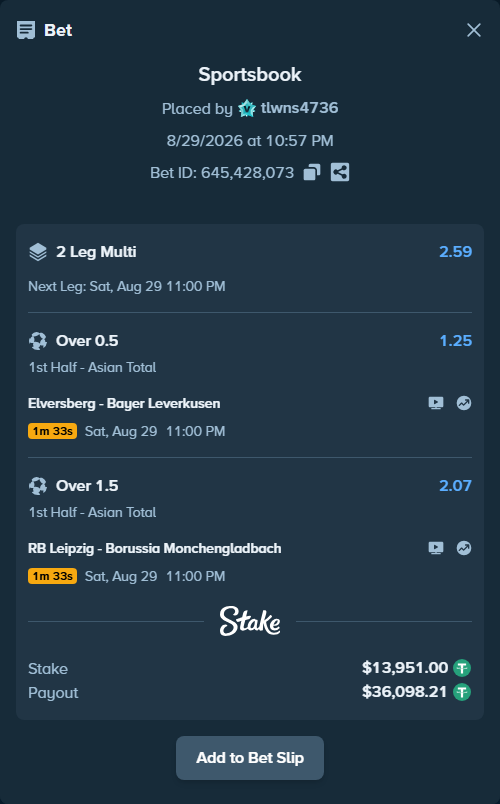 Bet slip: Elversberg - Bayer Leverkusen, $13,951.00 stake at 1.25 odds, placed by tlwns4736