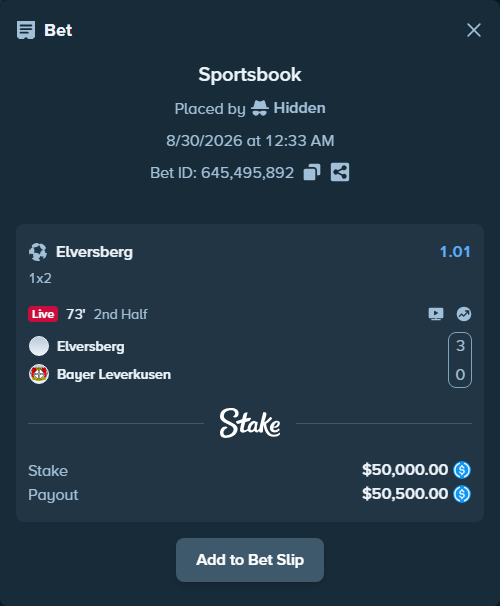 Bet slip: Elversberg - Bayer Leverkusen, $50,000.00 stake at 1.01 odds, placed by Hidden