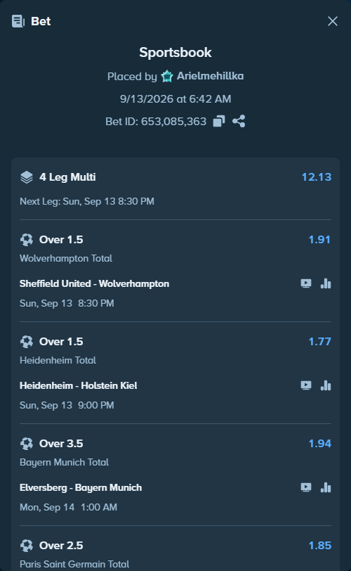 Bet slip: Elversberg - Bayern Munich, $11,673.54 stake at 1.94 odds, placed by Arielmehillka