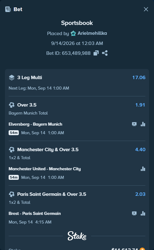 Bet slip: Elversberg - Bayern Munich, $11,602.04 stake at 1.91 odds, placed by Arielmehillka