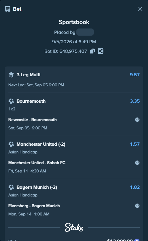 Bet slip: Elversberg - Bayern Munich, $13,076.15 stake at 1.82 odds, placed by myprecious1