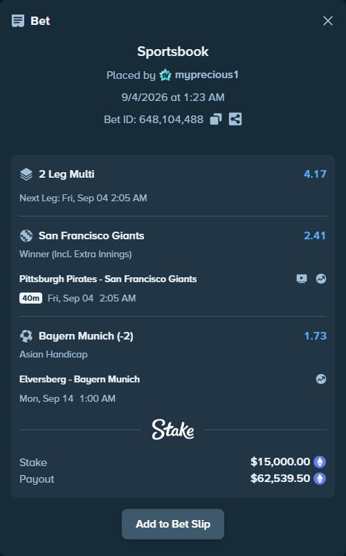 Bet slip: Elversberg - Bayern Munich, $15,006.61 stake at 1.73 odds, placed by myprecious1
