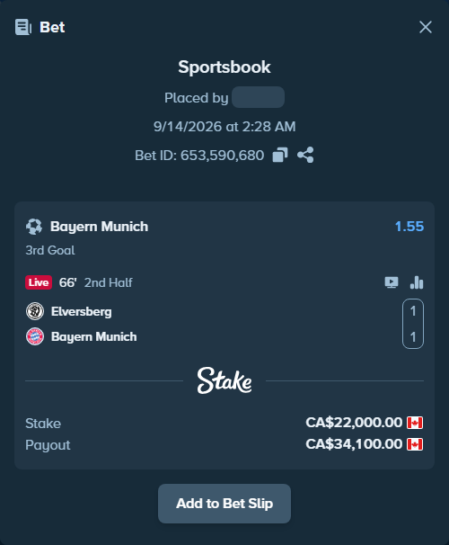 Bet slip: Elversberg - Bayern Munich, $16,280.00 stake at 1.55 odds, placed by larou77
