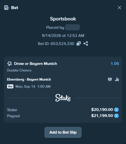 Bet slip: Elversberg - Bayern Munich, $20,190.00 stake at 1.05 odds, placed by AdrewTate