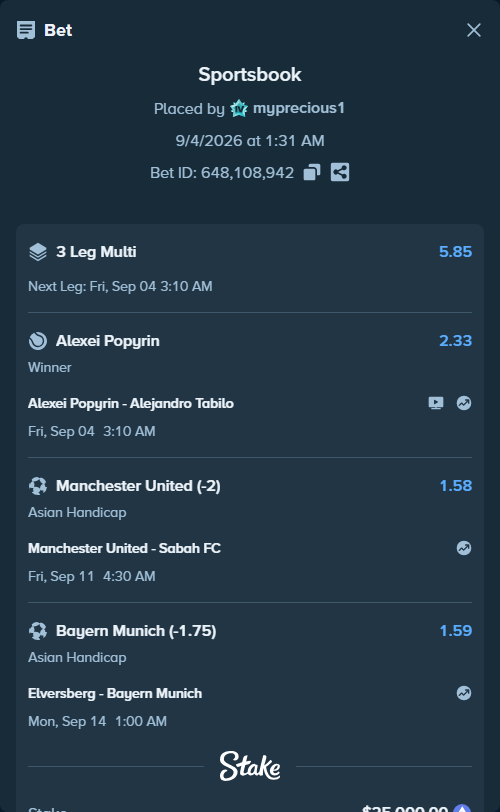 Bet slip: Elversberg - Bayern Munich, $25,073.43 stake at 1.59 odds, placed by myprecious1