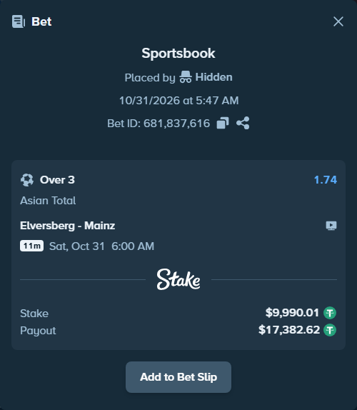 Bet slip: Elversberg - Mainz, $10,000.00 stake at 1.74 odds, placed by Hidden