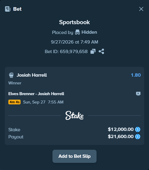 Bet slip: Elves Brenner - Josiah Harrell, $12,000.00 stake at 1.80 odds, placed by floutp451