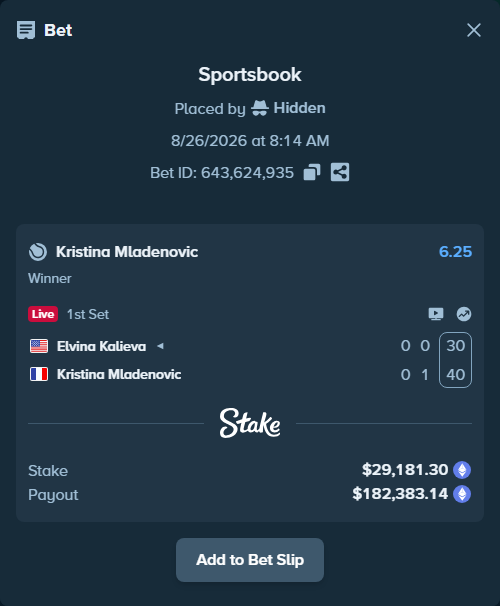 Bet slip: Elvina Kalieva - Kristina Mladenovic, $29,334.68 stake at 6.25 odds, placed by Hidden