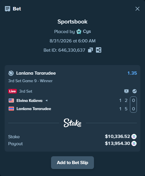 Bet slip: Elvina Kalieva - Lanlana Tararudee, $10,200.94 stake at 1.35 odds, placed by Cys