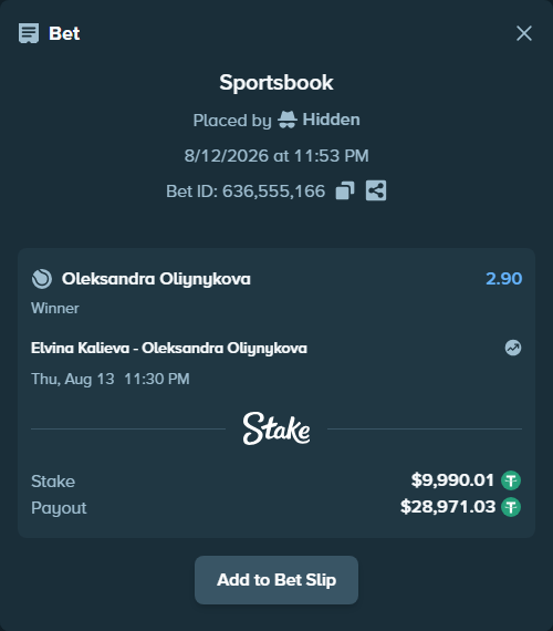 Bet slip: Elvina Kalieva - Oleksandra Oliynykova, $10,000.00 stake at 2.90 odds, placed by Hidden