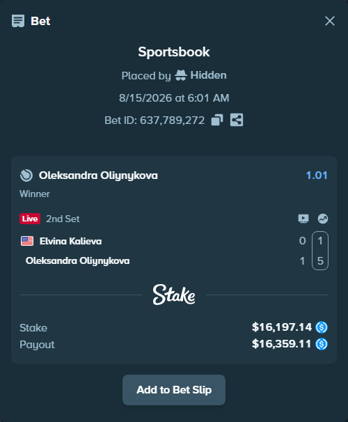 Bet slip: Elvina Kalieva - Oleksandra Oliynykova, $16,197.14 stake at 1.01 odds, placed by Hidden
