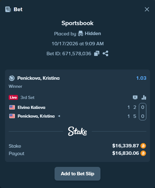 Bet slip: Elvina Kalieva - Penickova, Kristina, $16,306.40 stake at 1.03 odds, placed by Hidden