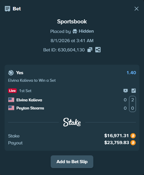 Bet slip: Elvina Kalieva - Peyton Stearns, $17,270.10 stake at 1.40 odds, placed by Hidden
