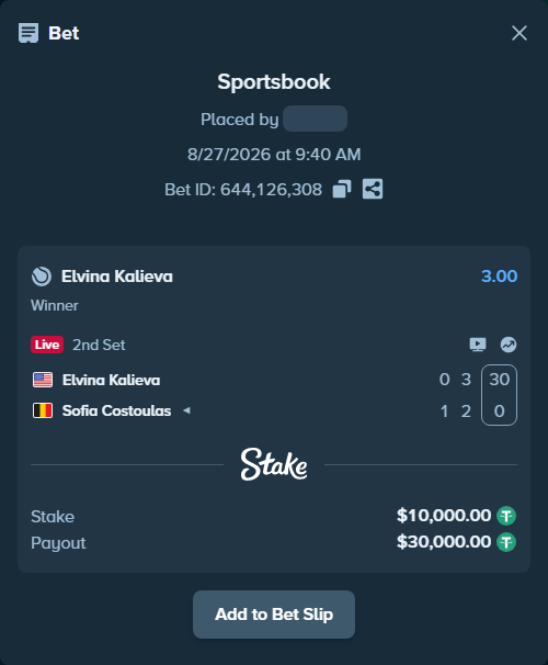 Bet slip: Elvina Kalieva - Sofia Costoulas, $10,000.00 stake at 3.00 odds, placed by WinTr10