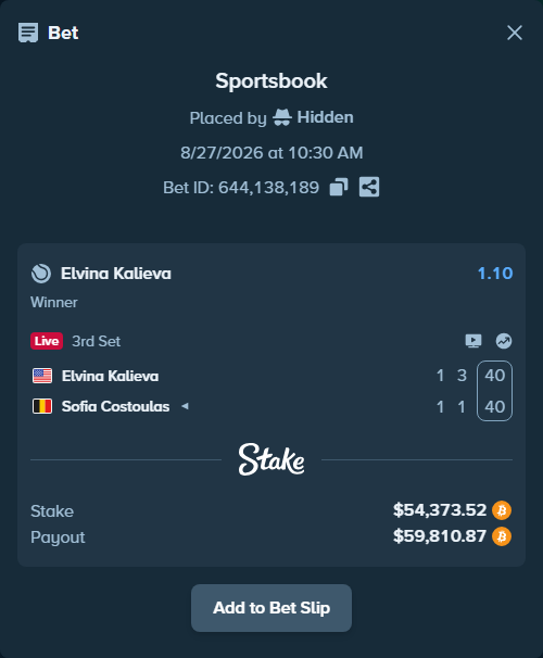 Bet slip: Elvina Kalieva - Sofia Costoulas, $54,417.54 stake at 1.10 odds, placed by Hidden
