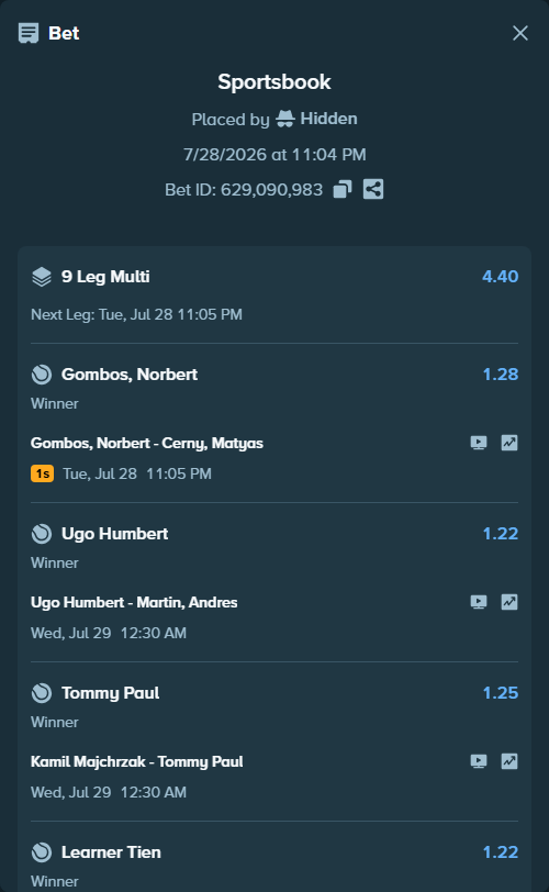 Bet slip: Emerson Jones - Carol Zhao, $100,100.00 stake at 1.10 odds, placed by Hidden