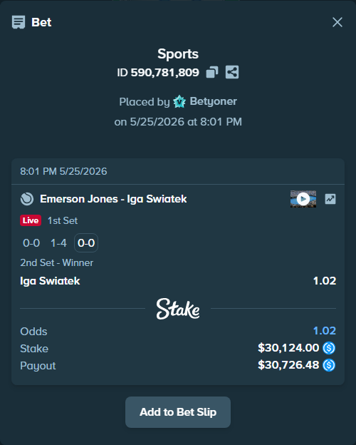 Bet slip: Emerson Jones - Iga Swiatek, $30,124.00 stake at 1.02 odds, placed by Betyoner