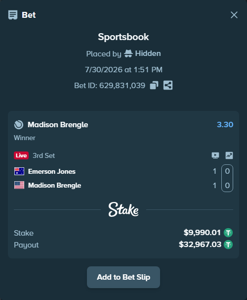 Bet slip: Emerson Jones - Madison Brengle, $10,000.00 stake at 3.30 odds, placed by Hidden