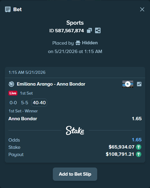 Bet slip: Emiliana Arango - Anna Bondar, $66,000.00 stake at 1.65 odds, placed by Hidden