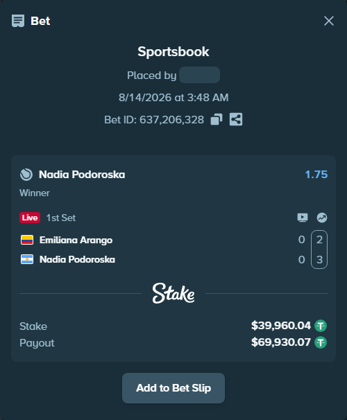 Bet slip: Emiliana Arango - Nadia Podoroska, $40,000.00 stake at 1.75 odds, placed by ayoflasher
