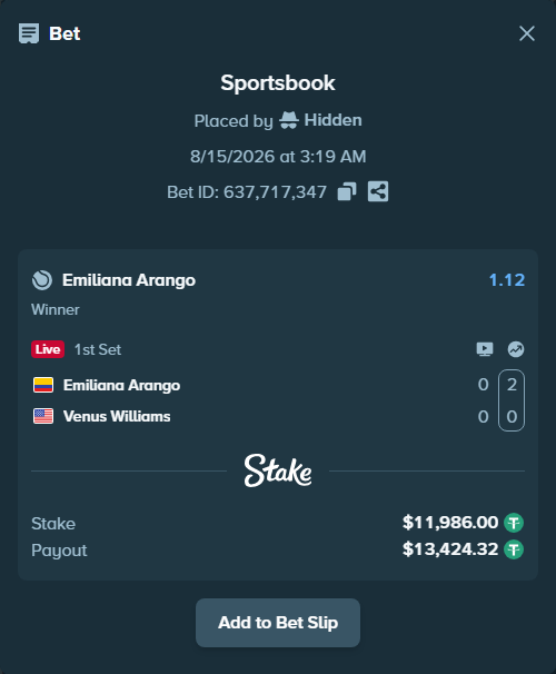Bet slip: Emiliana Arango - Venus Williams, $11,997.99 stake at 1.12 odds, placed by Hidden