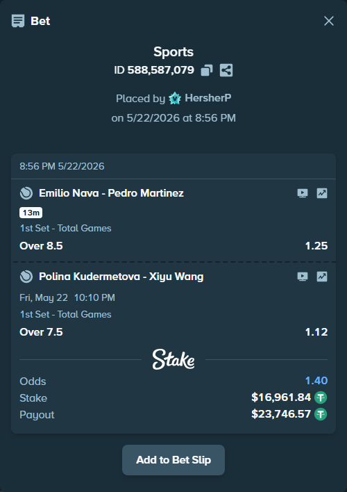 Bet slip: Emilio Nava - Pedro Martinez, $16,978.80 stake at 1.25 odds, placed by HersherP