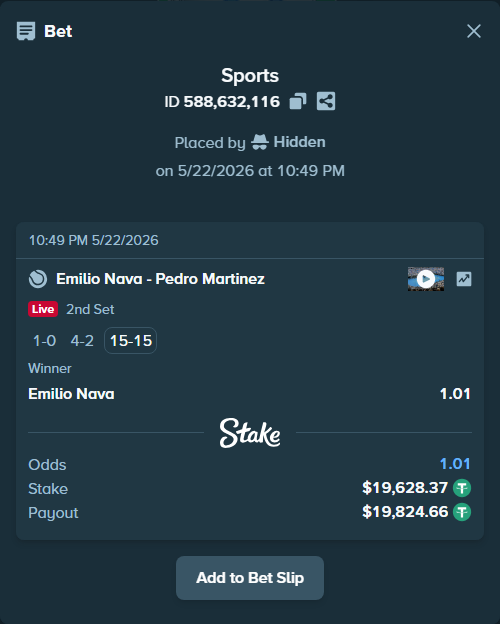Bet slip: Emilio Nava - Pedro Martinez, $19,648.00 stake at 1.01 odds, placed by Hidden