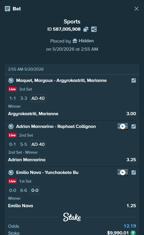 Bet slip: Emilio Nava - Yunchaokete Bu, $10,000.00 stake at 1.25 odds, placed by Hidden