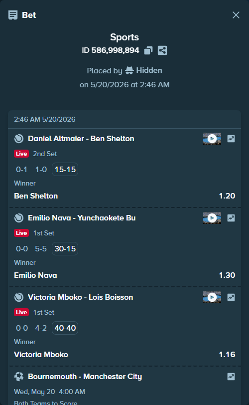 Bet slip: Emilio Nava - Yunchaokete Bu, $11,500.00 stake at 1.30 odds, placed by Hidden