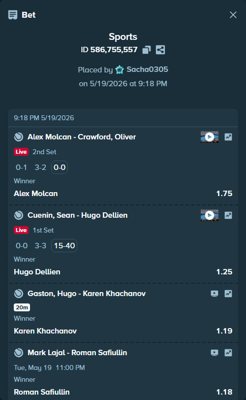 Bet slip: Emilio Nava - Yunchaokete Bu, $12,570.64 stake at 1.39 odds, placed by Sacha0305