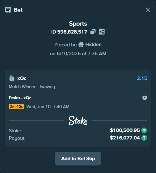 Bet slip: Emiru - xQc, $100,601.45 stake at 2.15 odds, placed by Hidden