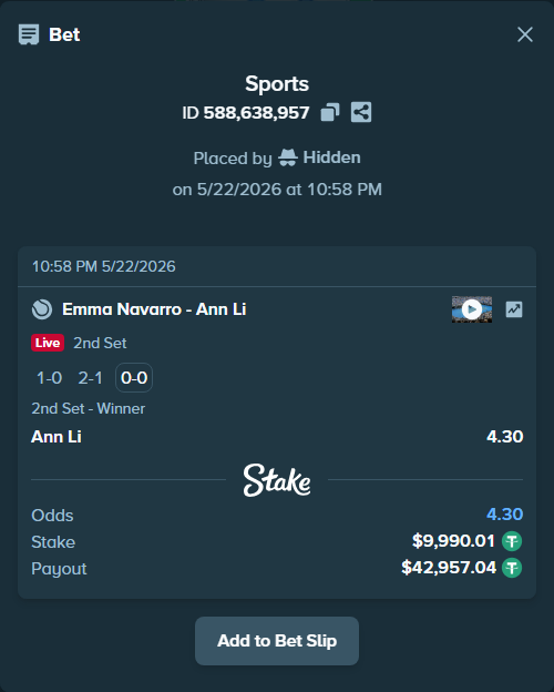 Bet slip: Emma Navarro - Ann Li, $10,000.00 stake at 4.30 odds, placed by Hidden