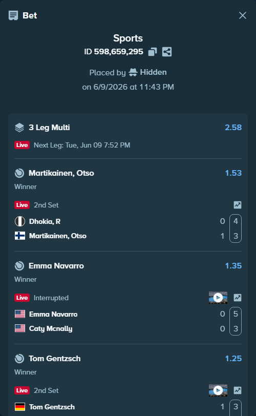 Bet slip: Emma Navarro - Caty Mcnally, $10,785.00 stake at 1.35 odds, placed by Hidden