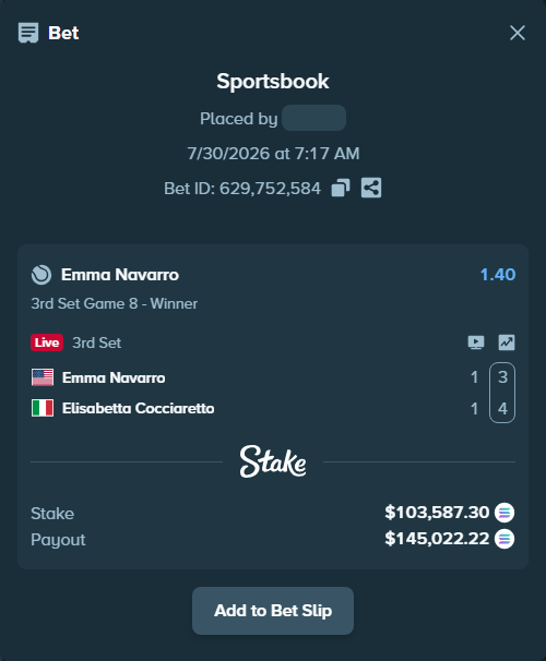 Bet slip: Emma Navarro - Elisabetta Cocciaretto, $103,129.34 stake at 1.40 odds, placed by Prettylfacko98