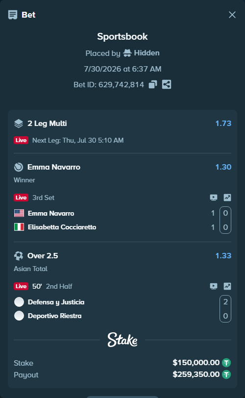 Bet slip: Emma Navarro - Elisabetta Cocciaretto, $150,150.00 stake at 1.30 odds, placed by Hidden