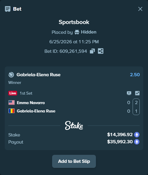 Bet slip: Emma Navarro - Gabriela-Elena Ruse, $14,950.90 stake at 2.50 odds, placed by Hidden