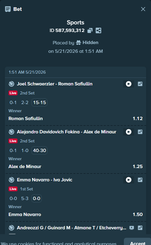 Bet slip: Emma Navarro - Iva Jovic, $10,000.00 stake at 1.50 odds, placed by Hidden